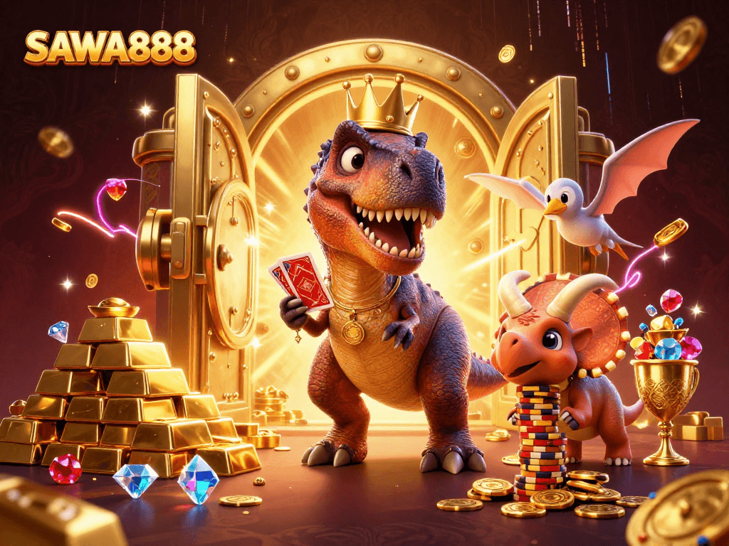 SAWA888 showcases a vibrant scene with a T-Rex shuffling cards and dinosaurs stacking chips in a casino.