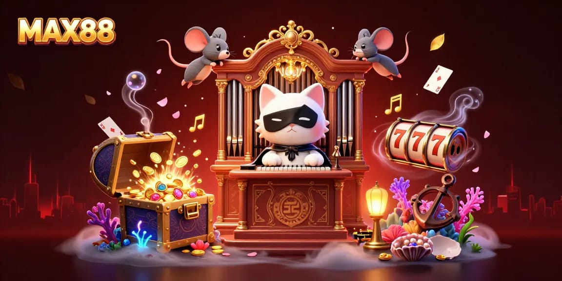 Experience MAX88's vibrant casino scene with a phantasmic white cat and gold treasure.