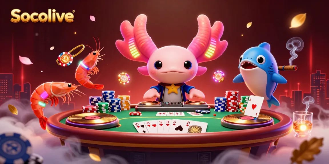 Socolive immerses you in vibrant poker action with an axolotl DJ and colorful characters.