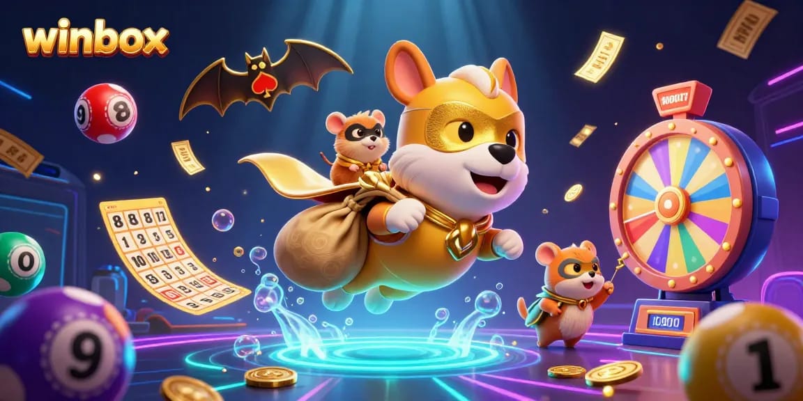 winbox showcases a superhero dog flying with gold coins surrounded by exciting lottery elements