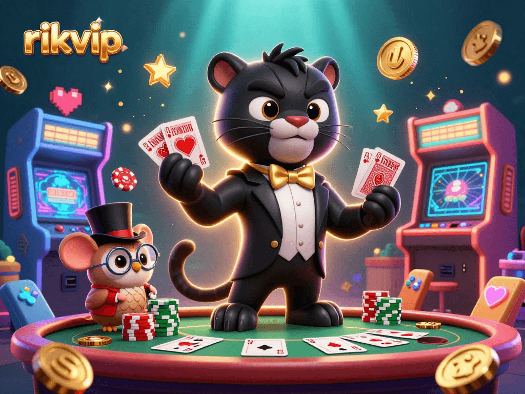 Engage with the exciting rikvip casino experience featuring a stylish panther, an owl, and a lucky mouse amidst vibrant gaming elements.
