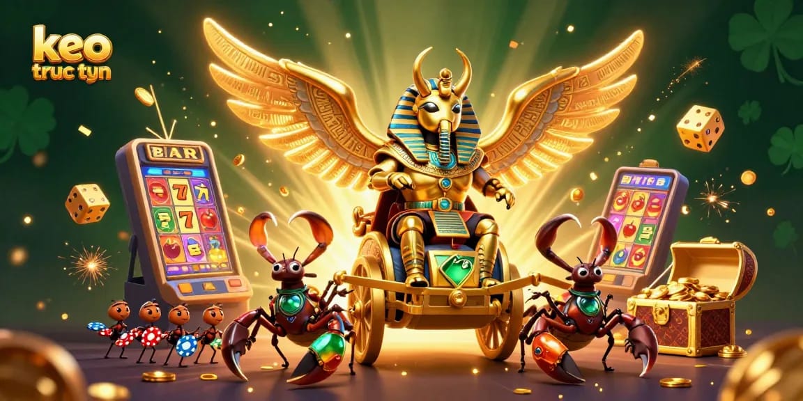 Experience keo truc tuyen excitement with a vibrant illustration of golden beetles and scorpions amidst dynamic casino elements.