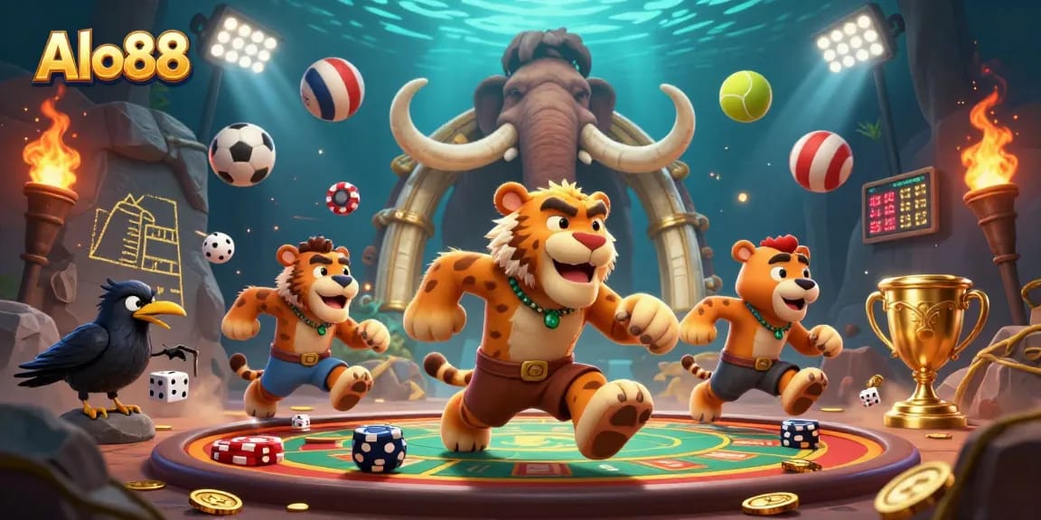 Experience the exciting world of Alo88 with cavemen and sports elements in a prehistoric casino setting.