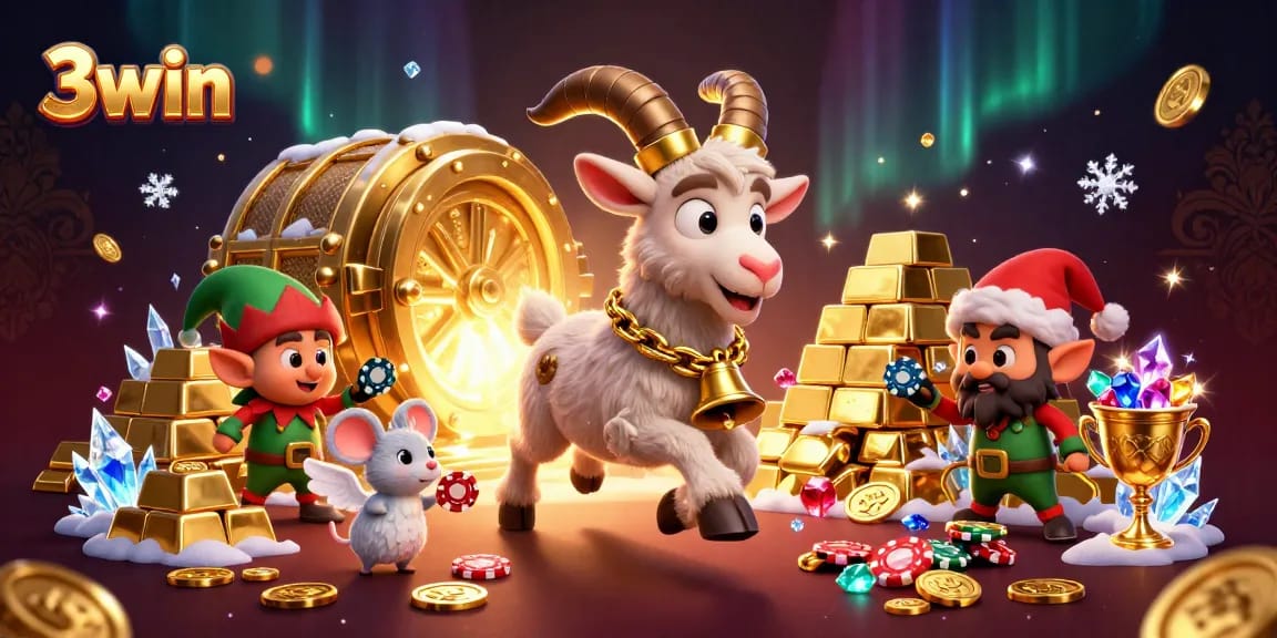 Engage with 3win's holiday horror casino featuring Krampus and festive chaos amidst golden treasures.