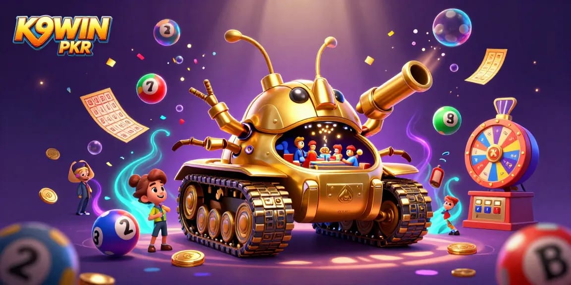 Experience dynamic gaming with K9WIN PKR in a vibrant 3D casino illustration.