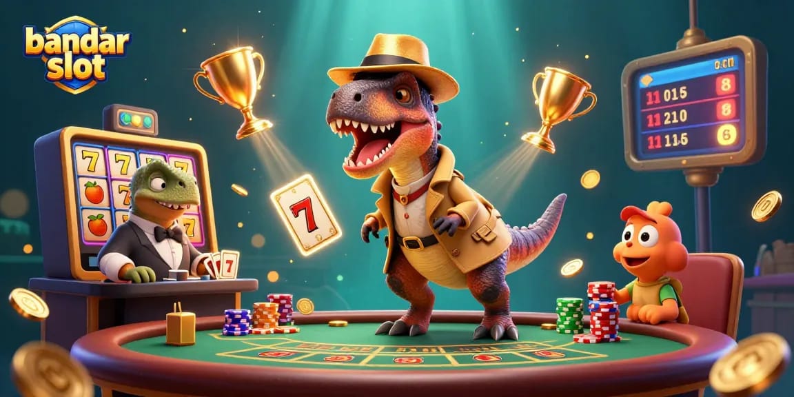 Engage with bandar slot action in vibrant 3D featuring a velociraptor card counter and stegosaurus pit boss.