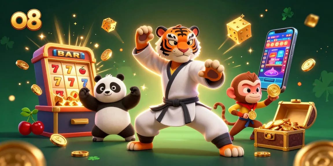Experience thrilling gaming with O8 in this vibrant 3D illustration featuring dynamic casino elements.