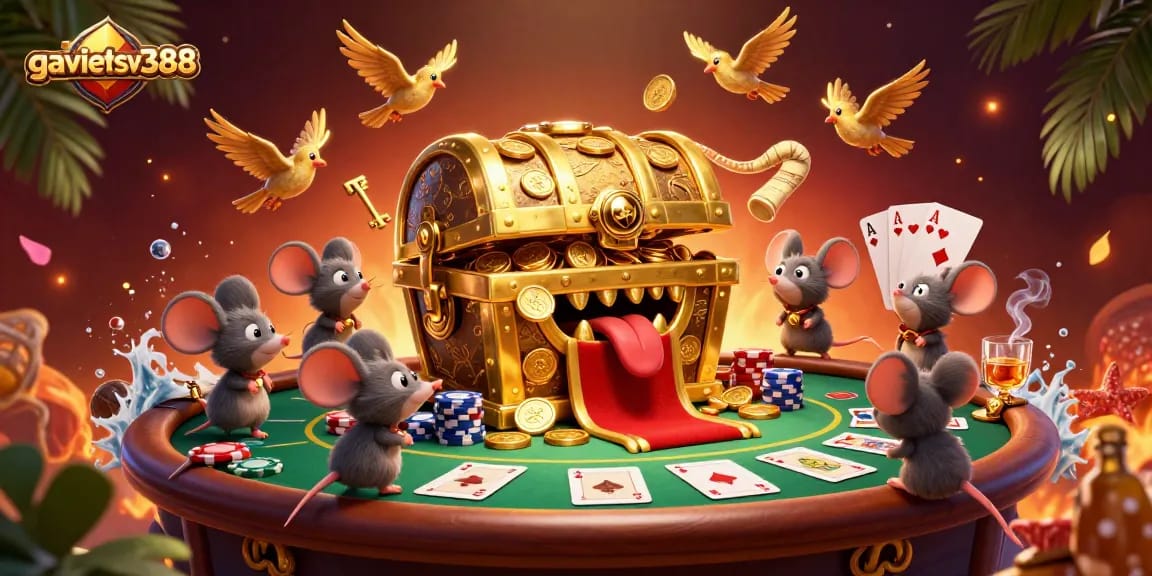 Experience the thrill of gambling with Gavietsv388, showcasing a vivid poker setting and dynamic treasure chest.