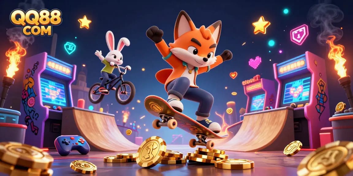Experience the excitement of QQ88 COM with vibrant gaming scenes featuring a skateboarding fox and BMX rabbit!