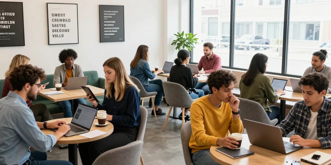 Group of startups promoting their services in a vibrant co-working space