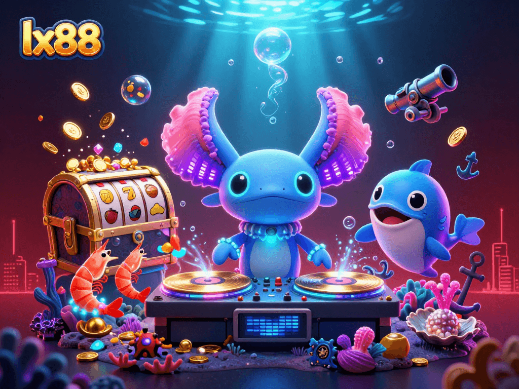 lx88 spins vibrant slot reels amidst an energetic underwater party scene with lively sea creatures.