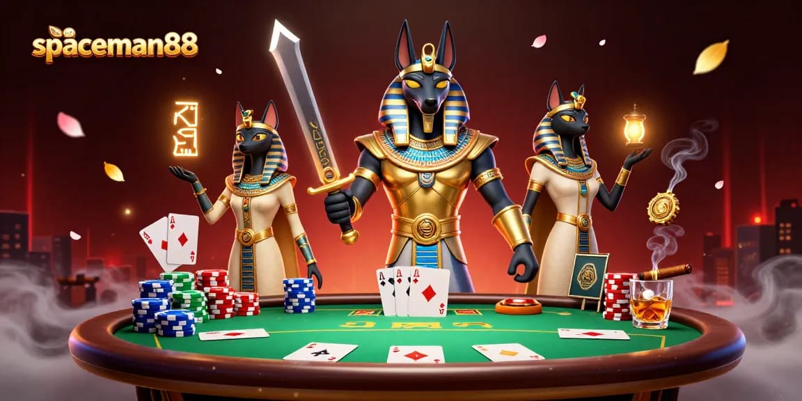 Join spaceman88 at a thrilling poker table featuring Egyptian warrior Anubis and Bastet.