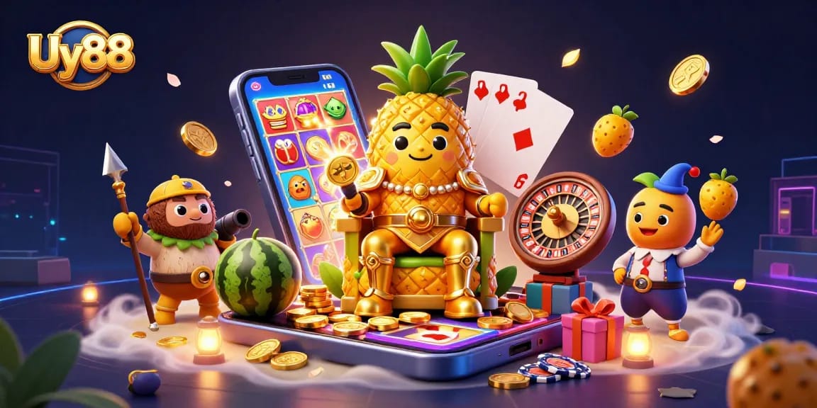 Experience the excitement at Uy88 with vibrant 3D characters in action, spinning slots, and rich casino vibes.