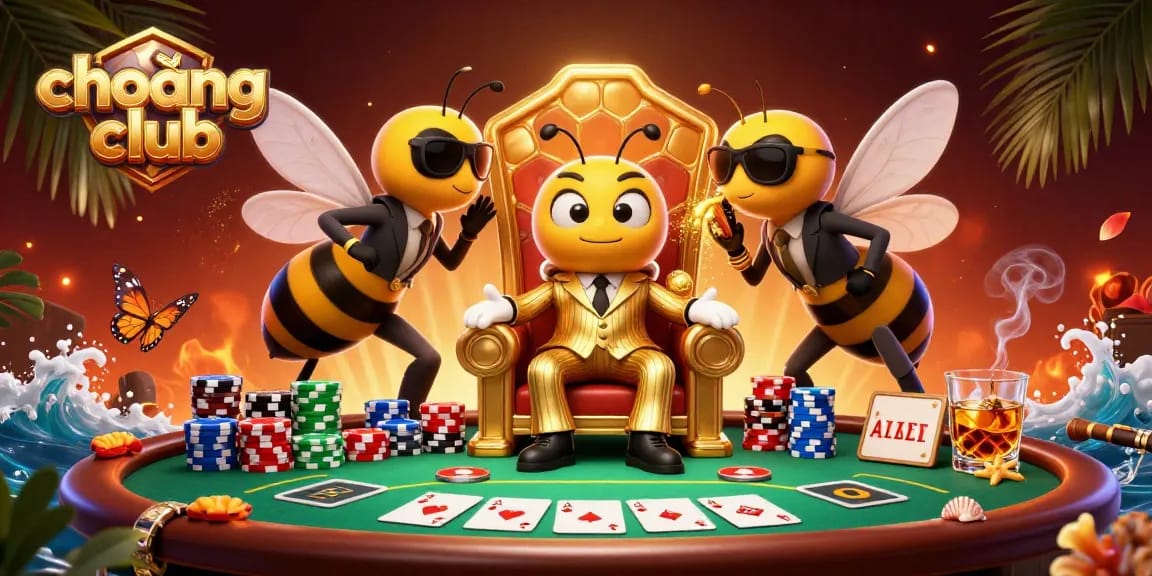 Engaging scene from choáng club featuring 3D cartoon characters around a vibrant poker table.