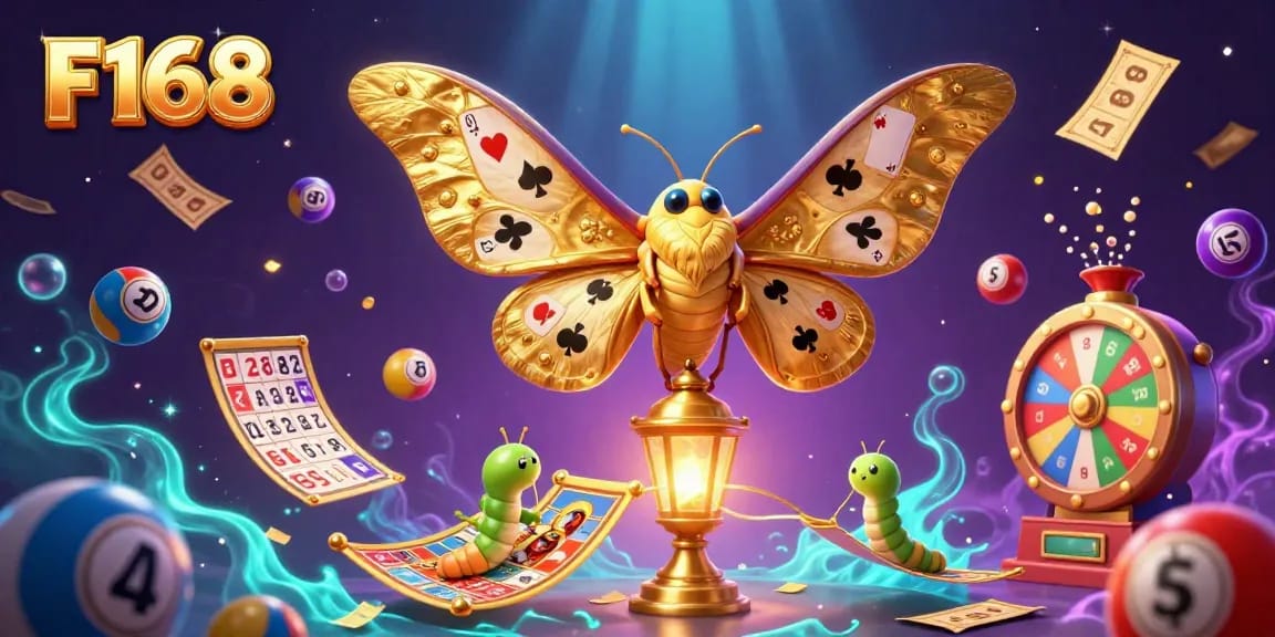 Experience F168's vibrant casino world with a majestic moth amidst a dynamic explosion of lottery games and prizes.