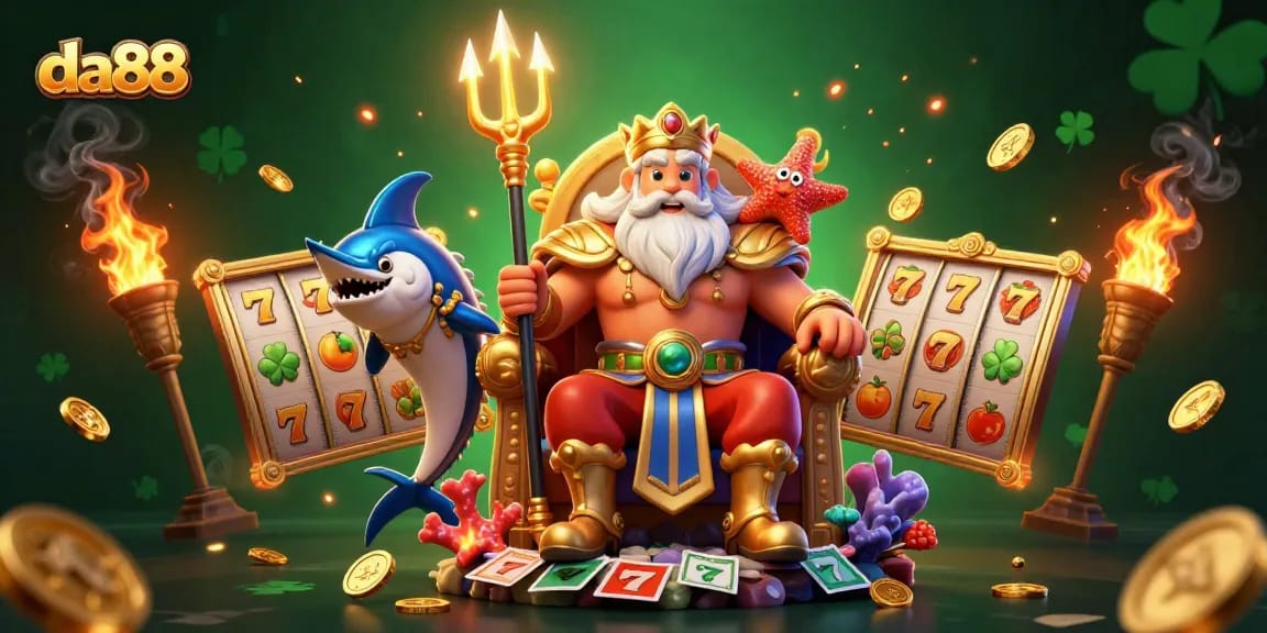 Experience da88's exciting slots with Neptune and game elements lighting up the casino atmosphere.