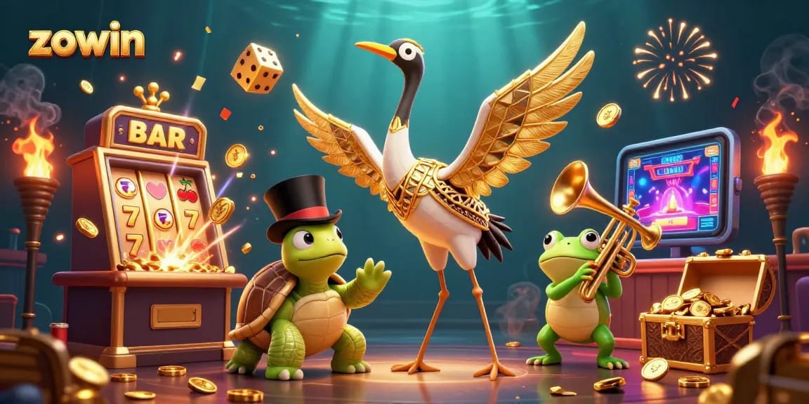 Experience the excitement with Zowin's dynamic casino atmosphere featuring vibrant characters and game elements.