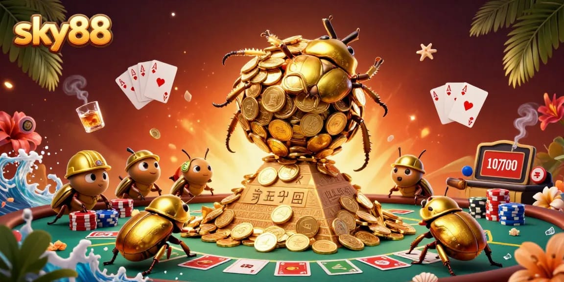 Engage with sky88's exciting gaming scene featuring golden beetles and colorful poker elements.