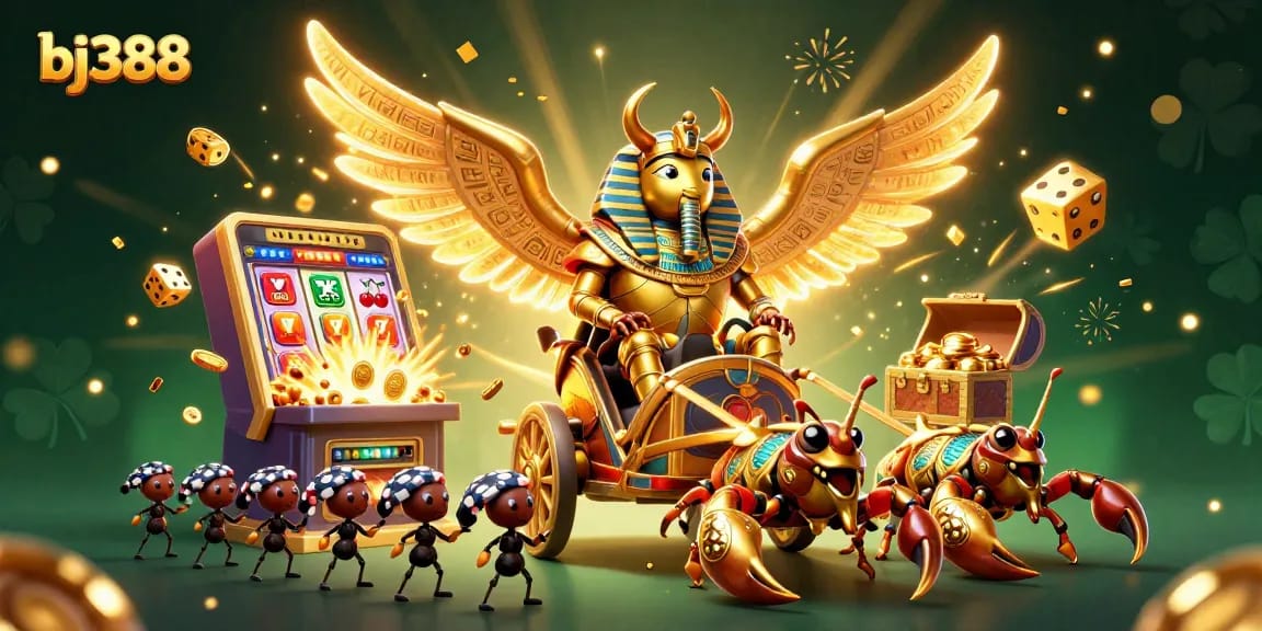 Engage in exciting gaming at bj388 with a vibrant scene of 3D casino elements bursting with coins and jackpots.