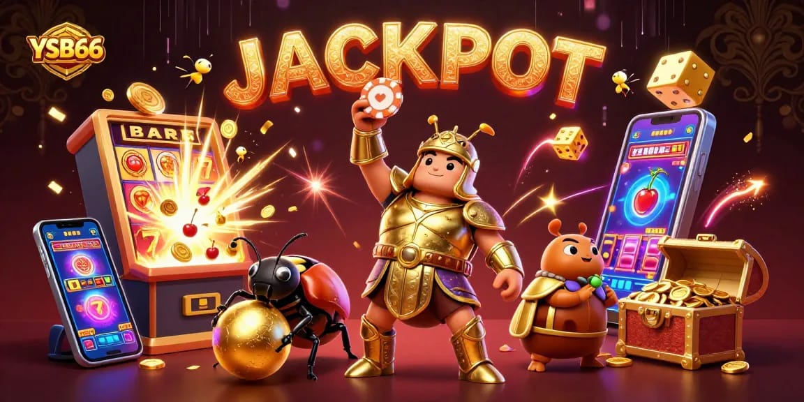 Experience the thrill of YSB66 as the heroic beetle celebrates a massive jackpot in a vibrant casino scene.