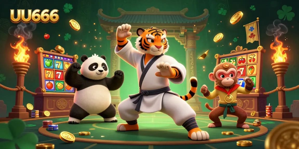 Engage in thrilling gambling at UU666 with vibrant characters and dynamic slot elements in an immersive casino scene.