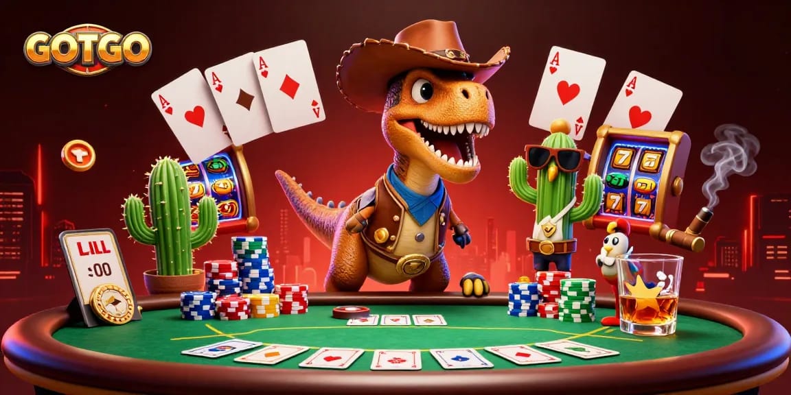 Terlibat dalam aksi poker yang mendebarkan dengan GOTOTO yang menampilkan karakter kartun dan elemen permainan yang vibrant.