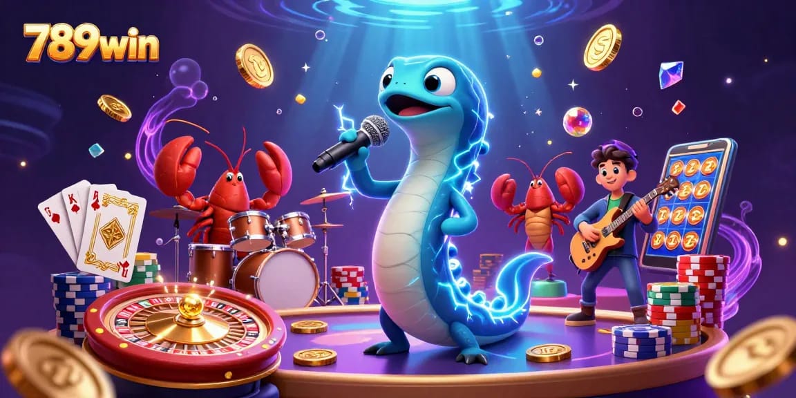 Experience the thrill of 789win's underwater casino with electric eel DJing and colorful game elements.
