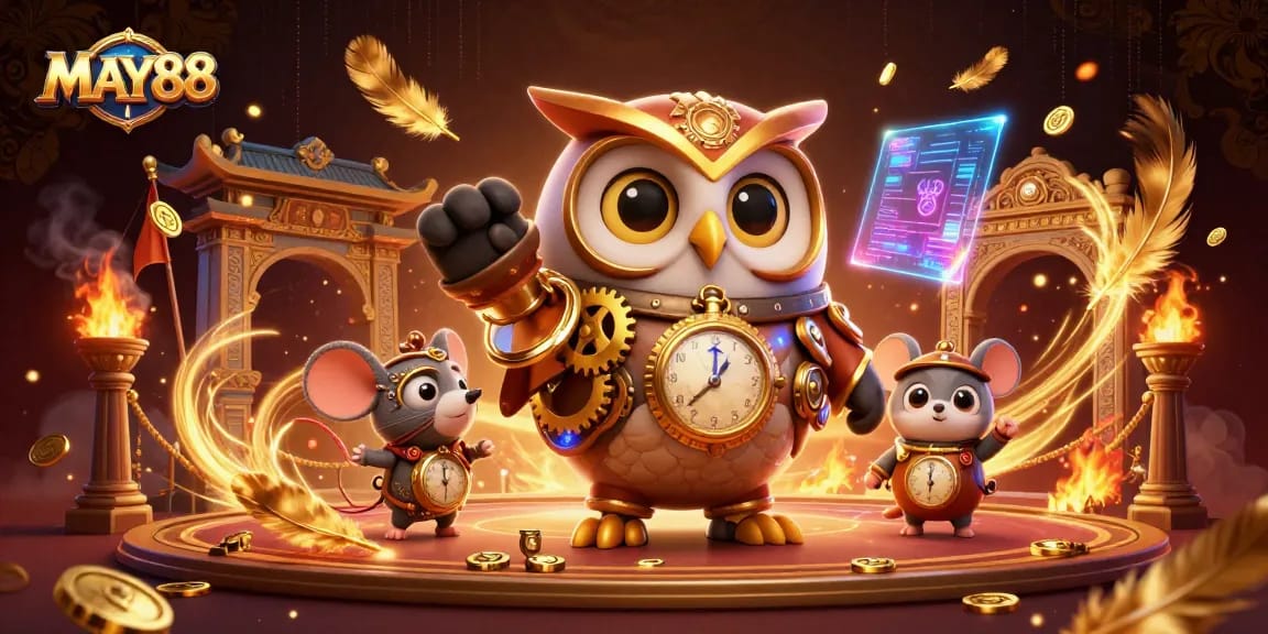 MAY88 showcases thrilling casino gameplay with a steampunk owl and vibrant gaming elements.
