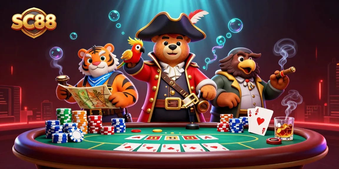 SC88 pirate-themed gambling scene with cartoon characters at a vibrant poker table.
