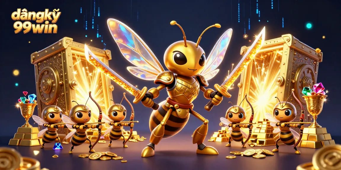 Win big with đăngký 99win, featuring a dynamic scene of a golden hornet warrior and treasure.