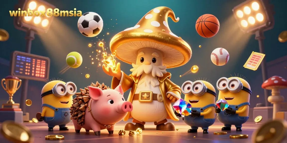 Winbox88msia illustrates a vibrant casino scene with golden magic and dynamic sports elements.