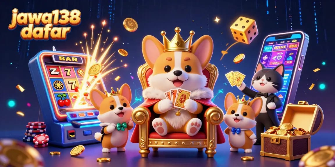 Spin the reels of jawa138 daftar with a royal corgi, crowned in a lively casino scene.