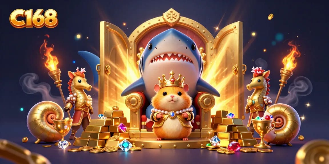 C168 engages players with a dynamic 3D casino scene featuring a golden hamster king and treasure elements