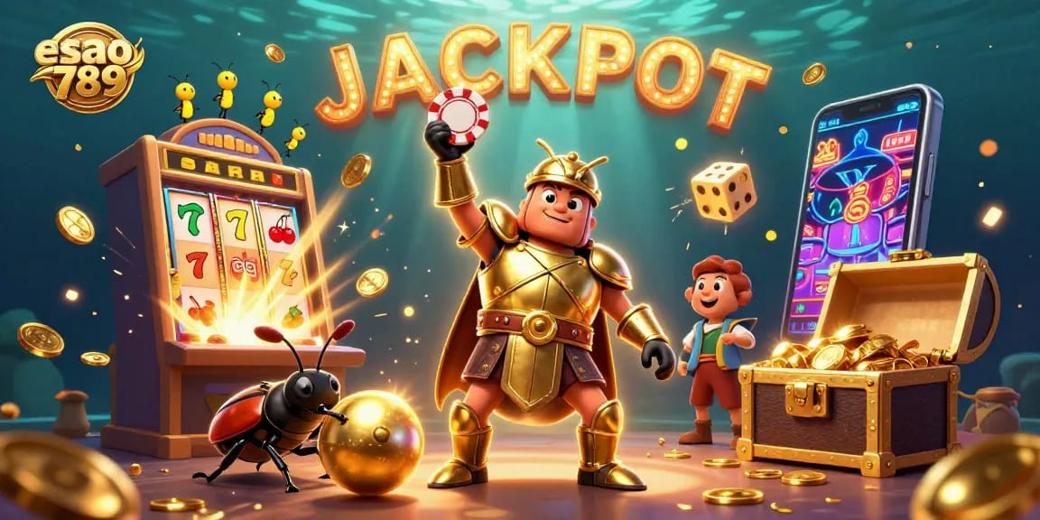 Celebrate jackpots with sao789 in a vibrant 3D gaming scene showcasing golden beetles and festive casino elements.