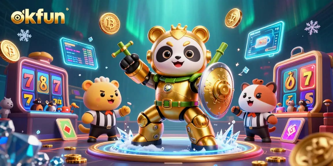 Spin to win with okfun – a vibrant 3D casino scene featuring lively game elements.