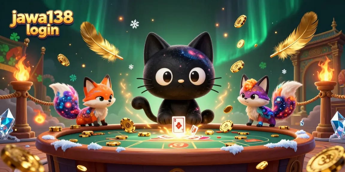 Ilustrasi dari jawa138 login yang menunjukkan kucing black hole dan rubah nebula di kasino bergaya cosmic.