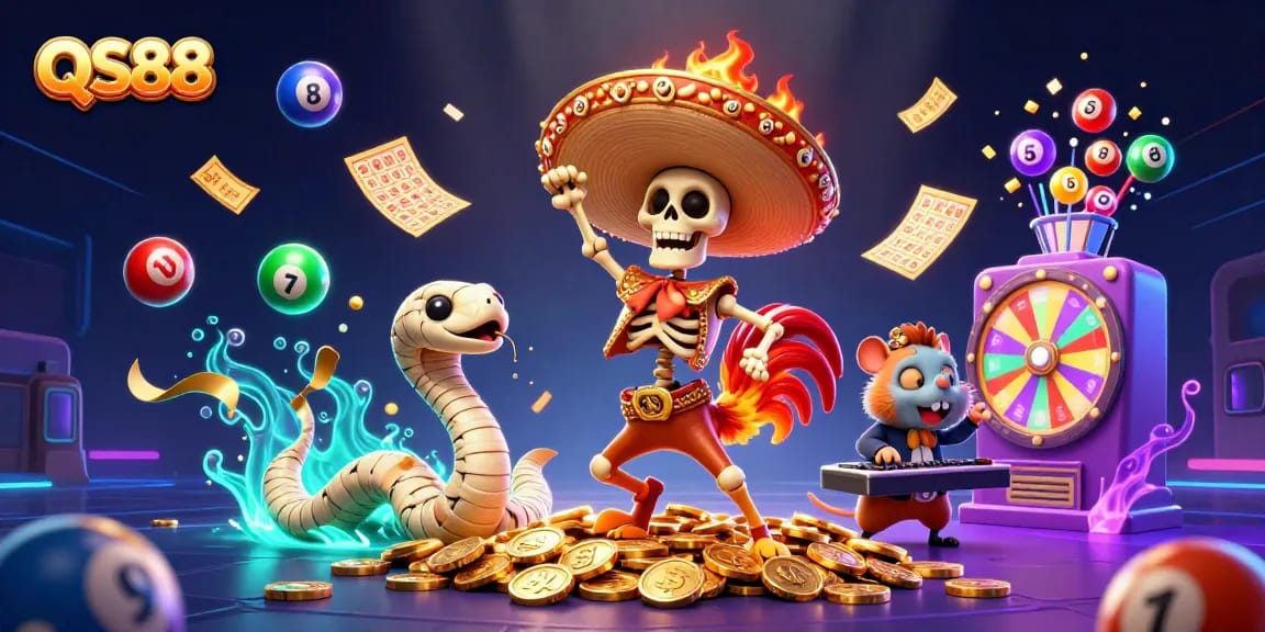 Join the QS88 victory dance with a mariachi rooster amidst vibrant casino elements.