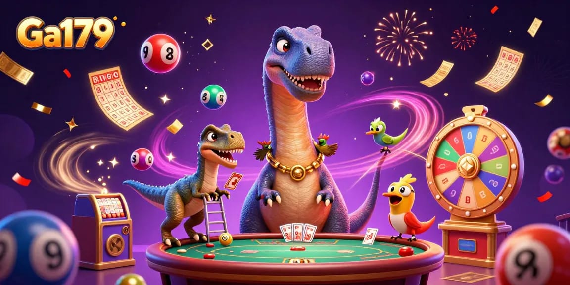 Ga179 features a whimsical casino scene with a brontosaurus, raptor, and dynamic game elements.