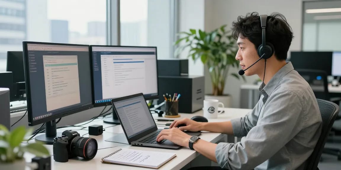 Telus-Technical-Support technician providing assistance in a modern office setup.