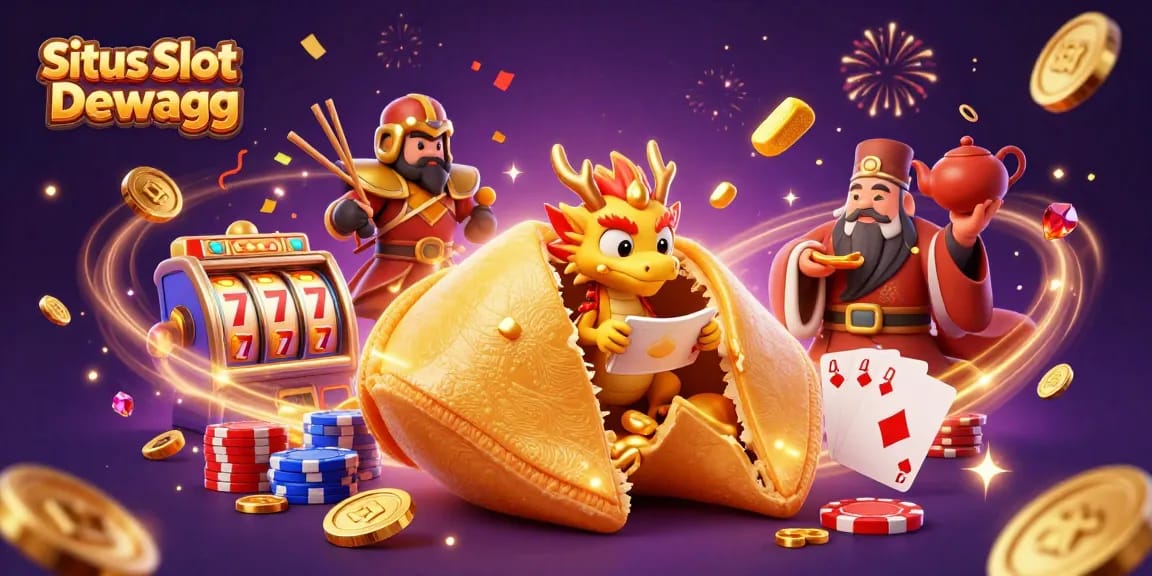 Engage with Situs Slot Gacor Dewagg as vivid golden coins and colorful poker elements create a lively casino scene.
