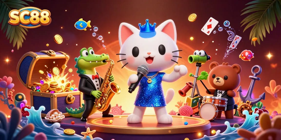 Experience the thrill of SC88 casino with lively characters surrounded by colorful game elements.