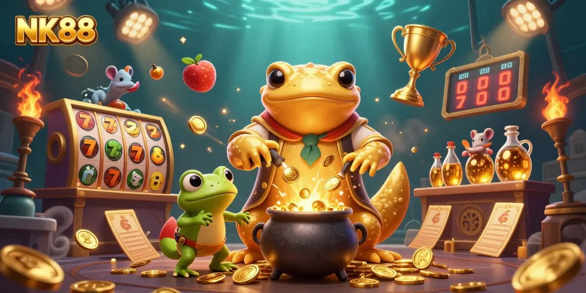 Experience the magic of NK88 with a golden alchemist creating coins, surrounded by vibrant casino elements.