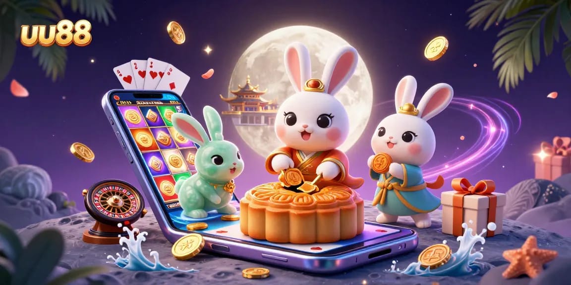 uu88 offers a vibrant illustration where a moon rabbit reveals poker chips while playing thrilling games.
