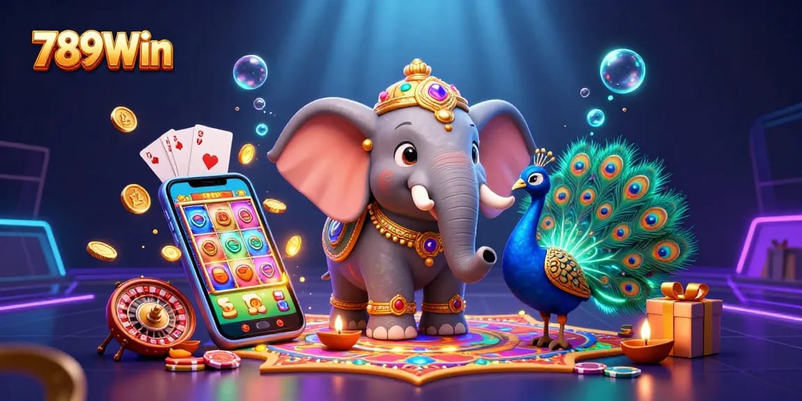 Play slots and win big with 789Win in a vibrant 3D casino-themed illustration.