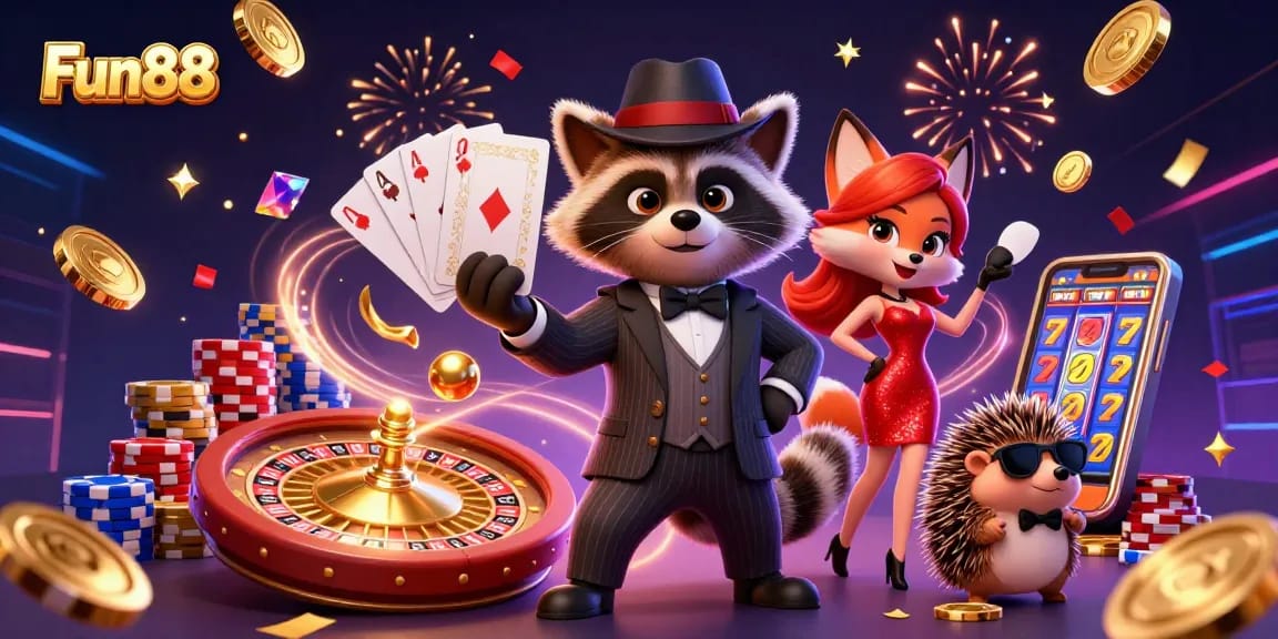 Join Fun88 for exciting casino adventures with a raccoon holding a royal flush amidst sparkling game elements.