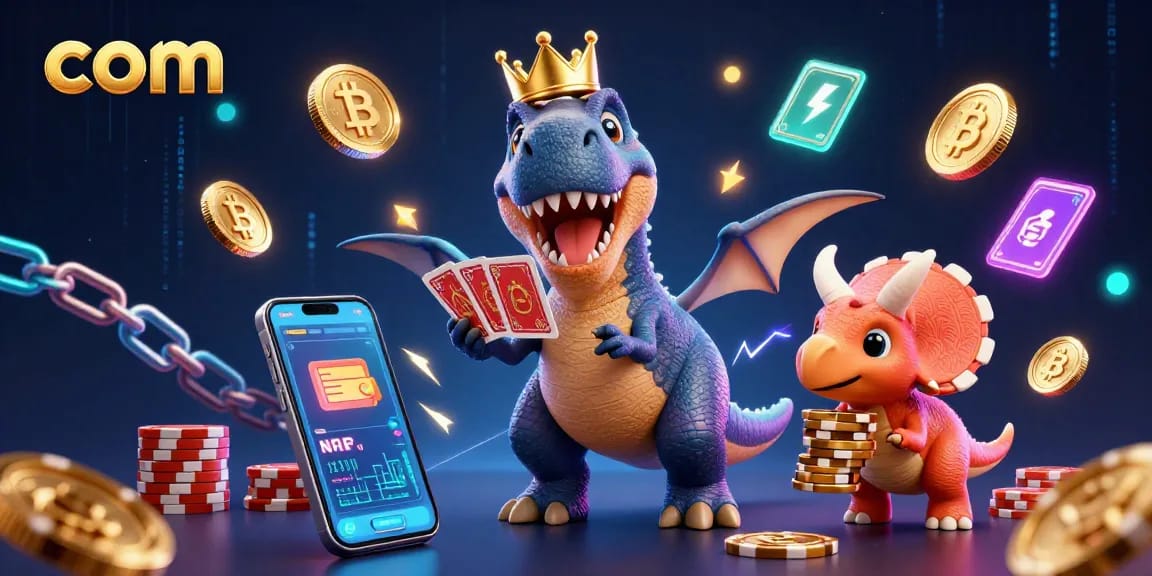 Play at com with a vibrant T-Rex card game scene emphasizing crypto winnings and casino excitement.