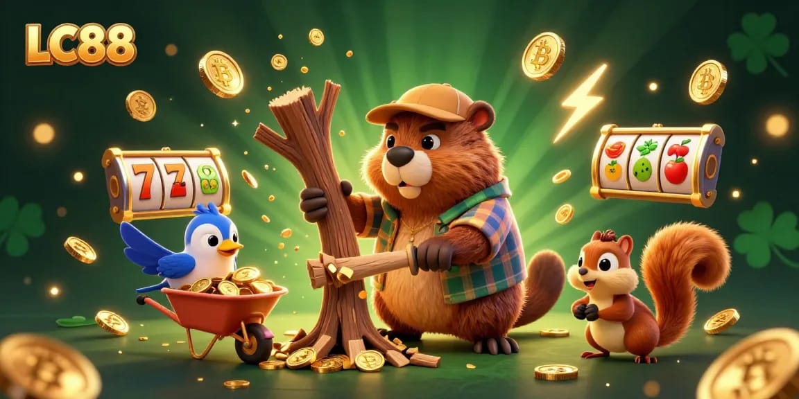 LC88 slots and coins rain down as a beaver, bird, and squirrel engage in a vibrant casino scene.