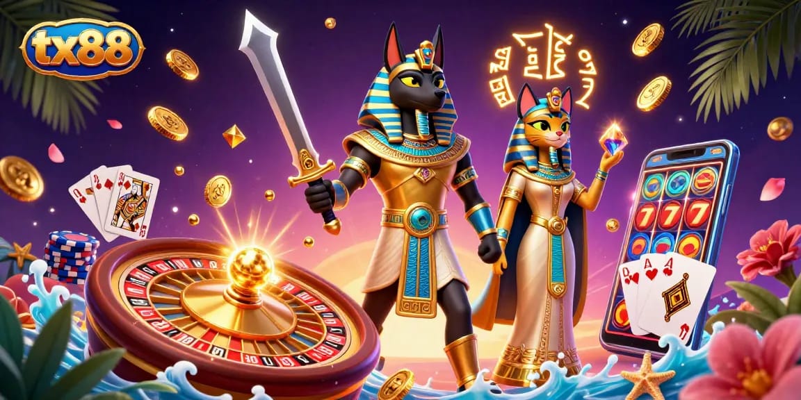 Experience the excitement of TX88 casino with Anubis and Bastet amidst flying coins and a spinning roulette wheel.