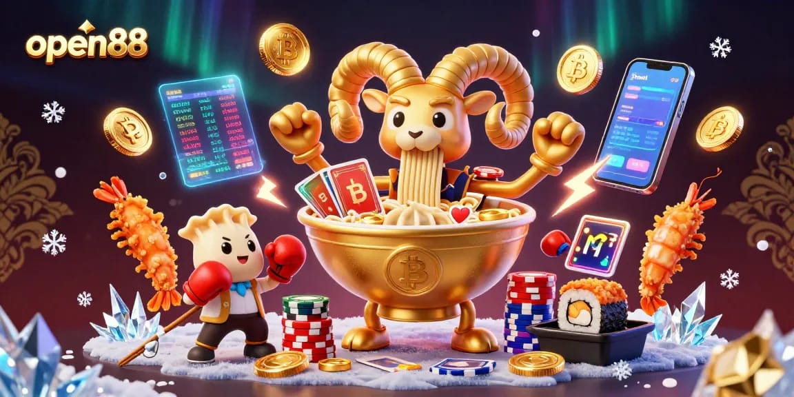 Join open88 in a vibrant scene full of animated characters and crypto coins engaging in thrilling casino activities.