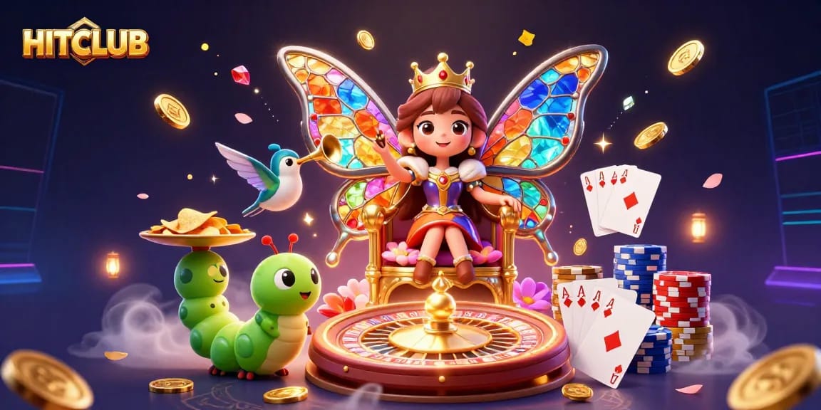 Experience HITCLUB's vibrant casino fantasy with a butterfly queen, golden chips, and dynamic game elements.